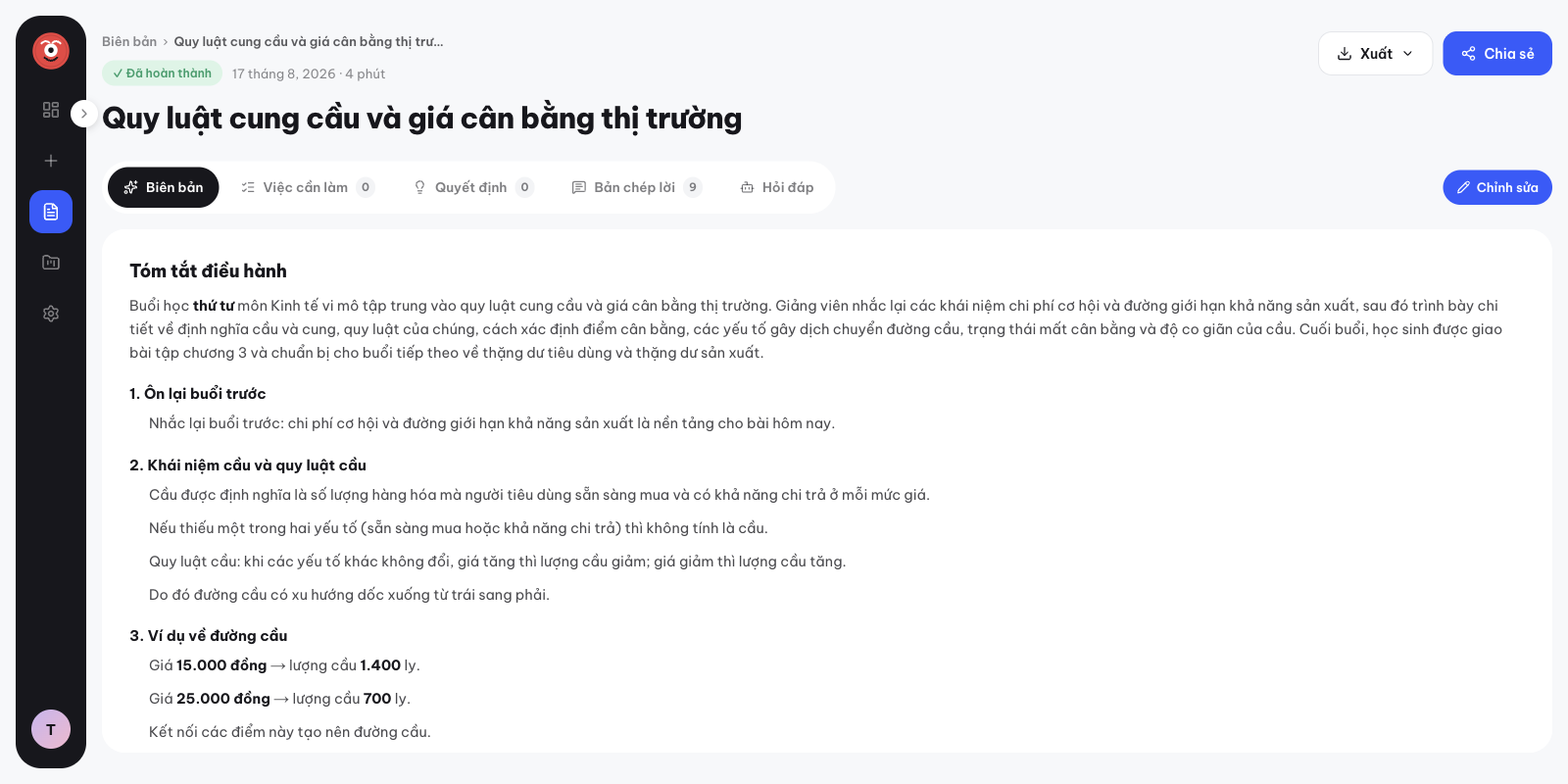 Biên bản một tiết Kinh tế vi mô trong Meco app: tóm tắt điều hành và các mục nội dung